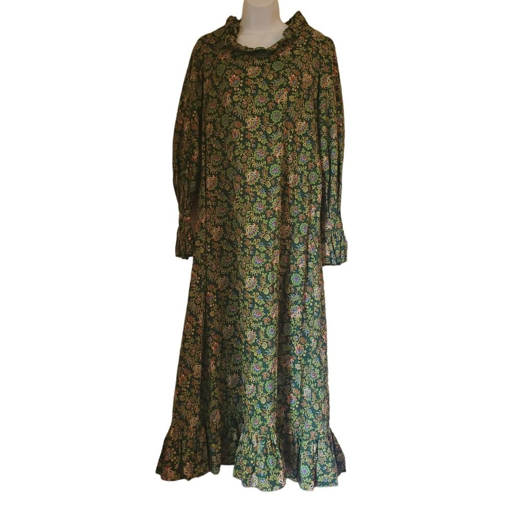 Vintage Green Floral‎ Maxi Dress Cosplay Ruffles Prairie Cottagecore Grannycore